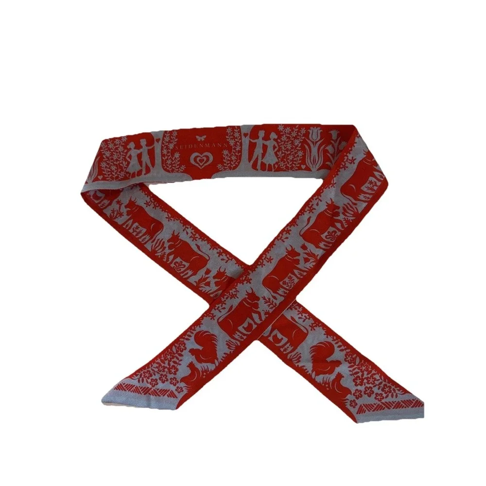 Seidenmann Swiss Silk Scarf - Red & Blue Folk Art Cow & Rooster Motif‎ Twilly